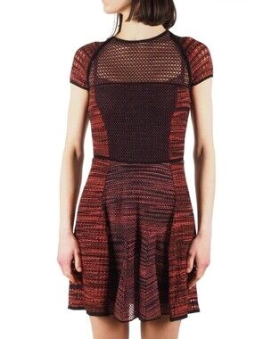 MISSONI Red Black Knit Mesh Fit And Flare Statement Mini Dress